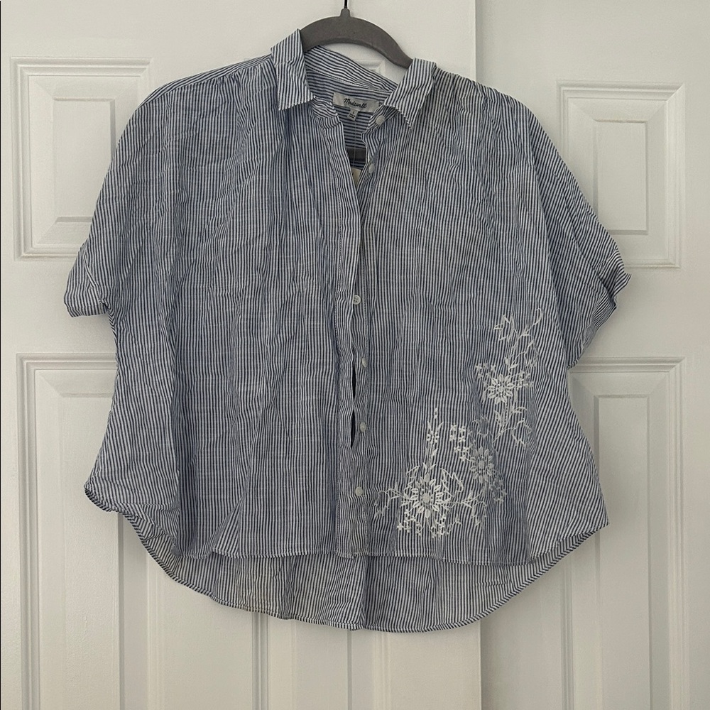 Madewell Blue Striped 100% Cotton Shirt with White Floral embroidery